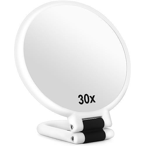 30x Magnifying Mirror, Travel Hand Mirrors with Handle - Double Side Handheld Mirror with 1X 30X Magnification & Adjustable Handle/Stand, Hand Held Foldable Travel Mirror for Makeup(Black)