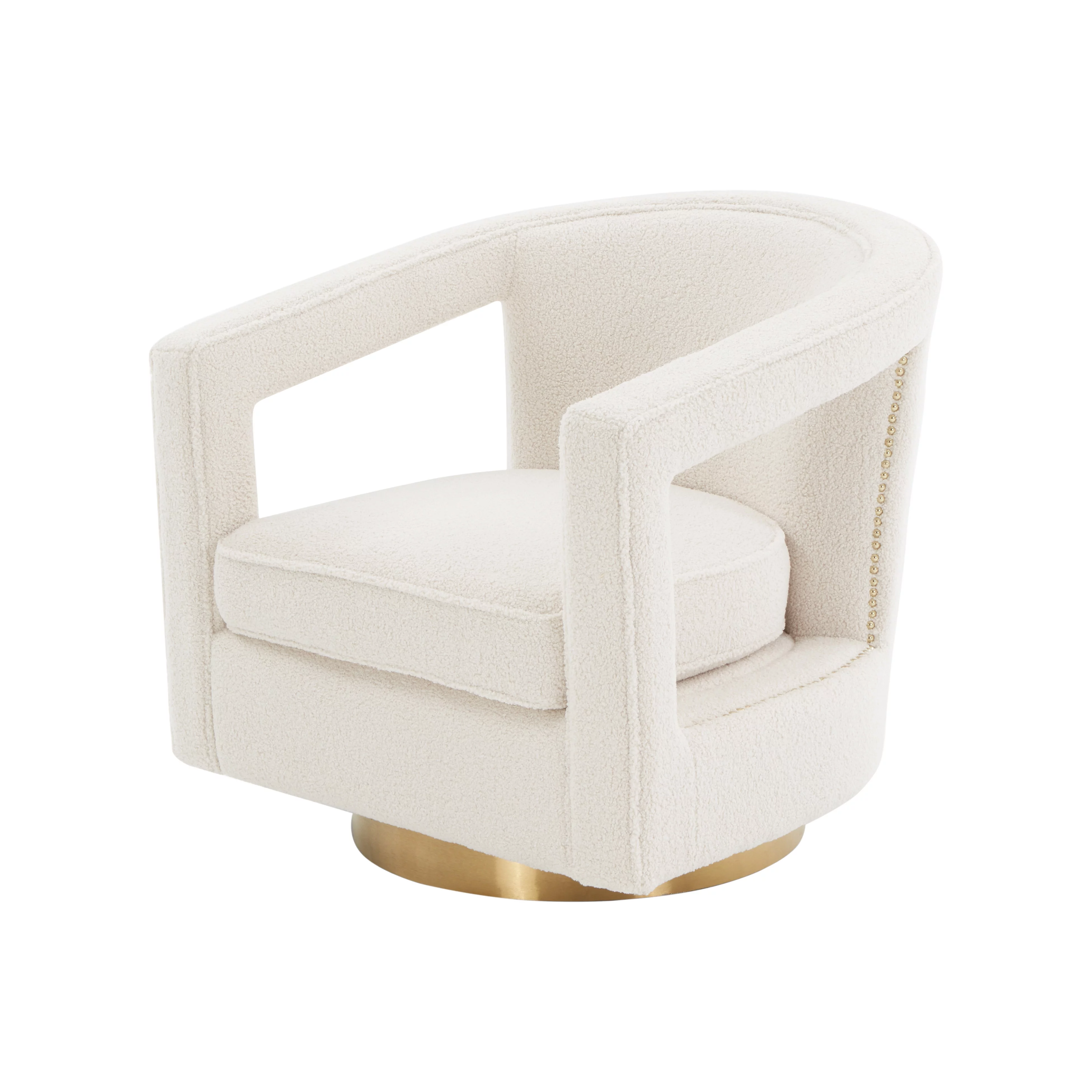 MEXIYA Stark Modern White Fake Fur Textured Velvet Upholstered Swivel Accent Chair with Brushed Gold Base