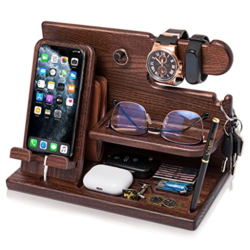 TESLYAR Wood Phone Docking Station for Men - Desk Accessories & Workspace Organizer - Nightstand Organizer - Birthday Gifts for Men or Dad - Idea for Anniversary - Key Holder - Stand Watch (Brown)