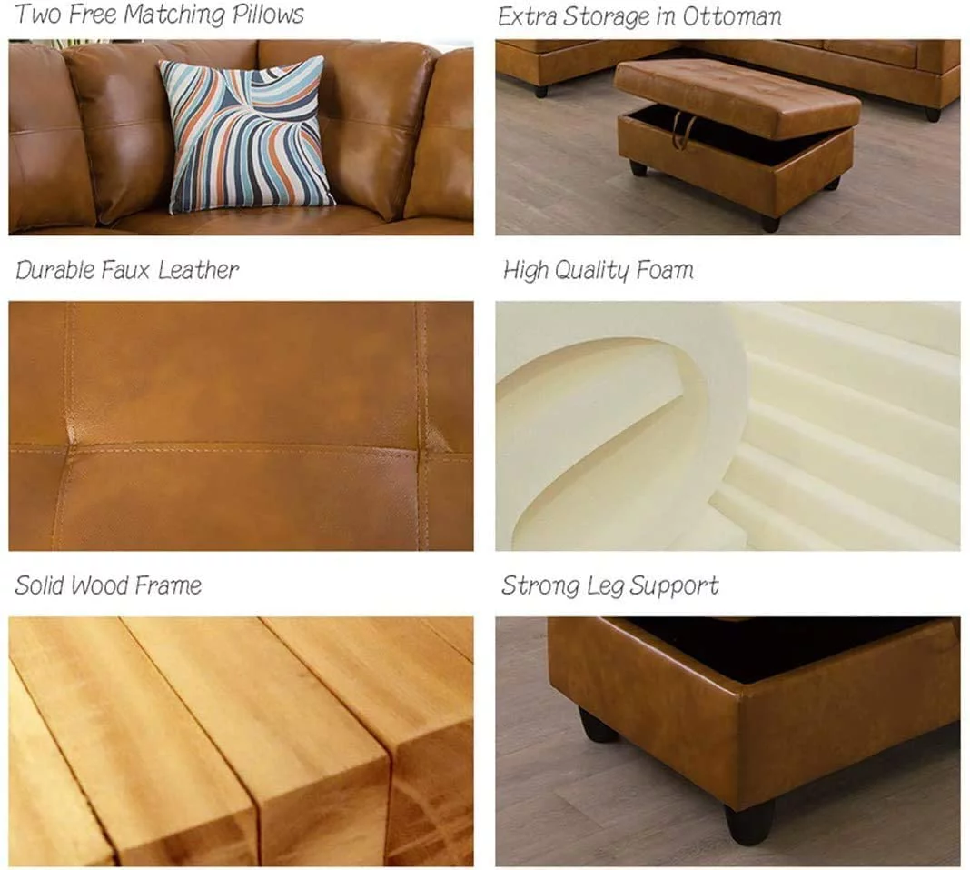 PonLiving Furniture Caramel 103.5'' Sectional Sofa with Storage Ottoman, Right & Left Hand Facing, Leather Upholstered