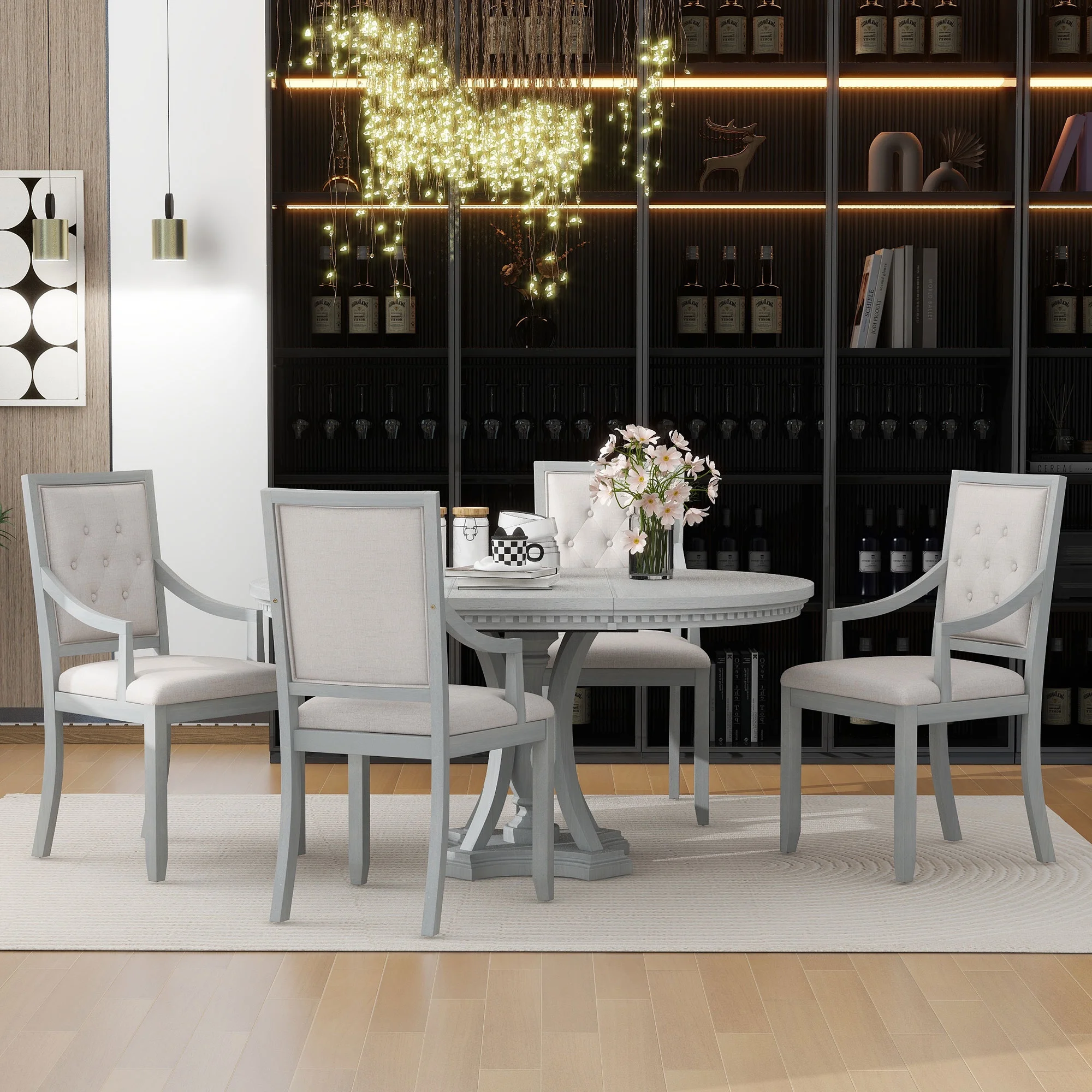 5 Piece Round Dining Table Set, Atumon Dining Room Set with Extendable Table and 4 Upholstered Chairs, Wood Dining Table Set for 4, Farmhouse Dining Table Set for Kitchen Dining Room Apartment, Gray