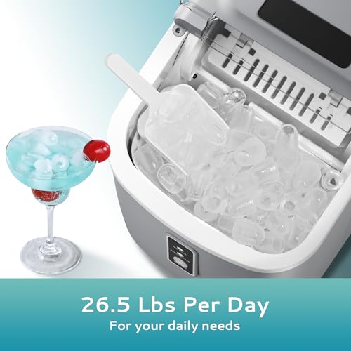 EUHOMY Ice Maker Countertop, Portable Ice Machine with Carry Handle, 26.5lbs Per Day, 9 Cubes in 6 Mins, Auto-Cleaning, with Basket and Scoop, for Home, Kitchen, Camping, RV (Silver)