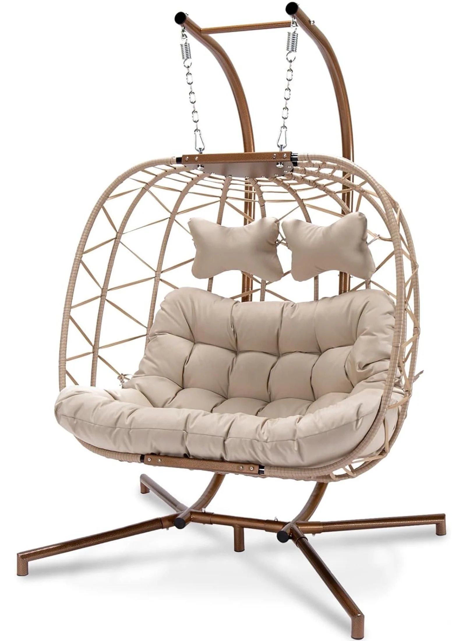 NICESOUL Beige Double Egg Chair With Stand, Wicker Luxury Patio Loveseat For Two Persons, 500 lbs Max weight