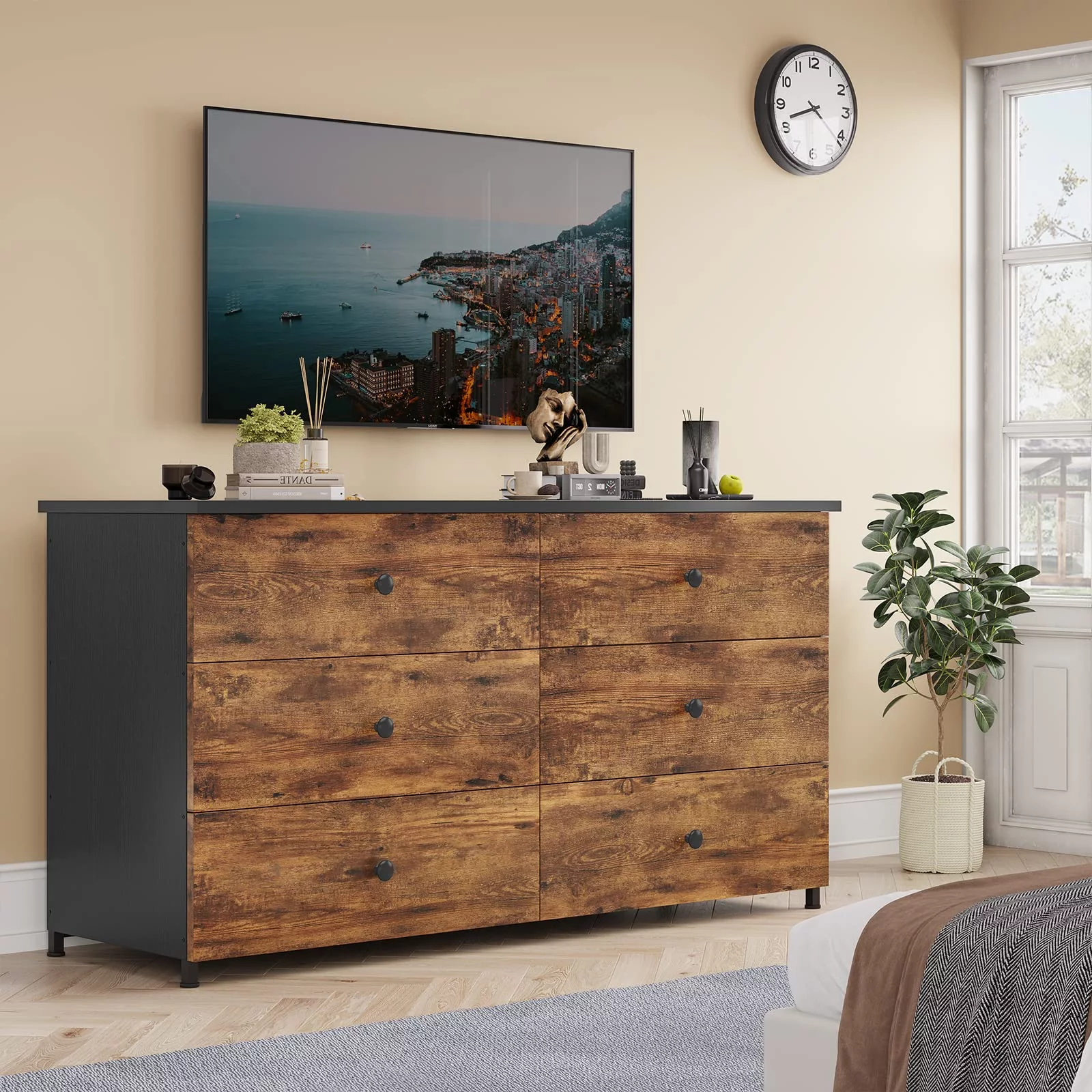 Double Dresser with 6 Drawers,Large Chest of Drawers Storage Cabinet for Bedroom Living Room,Brown