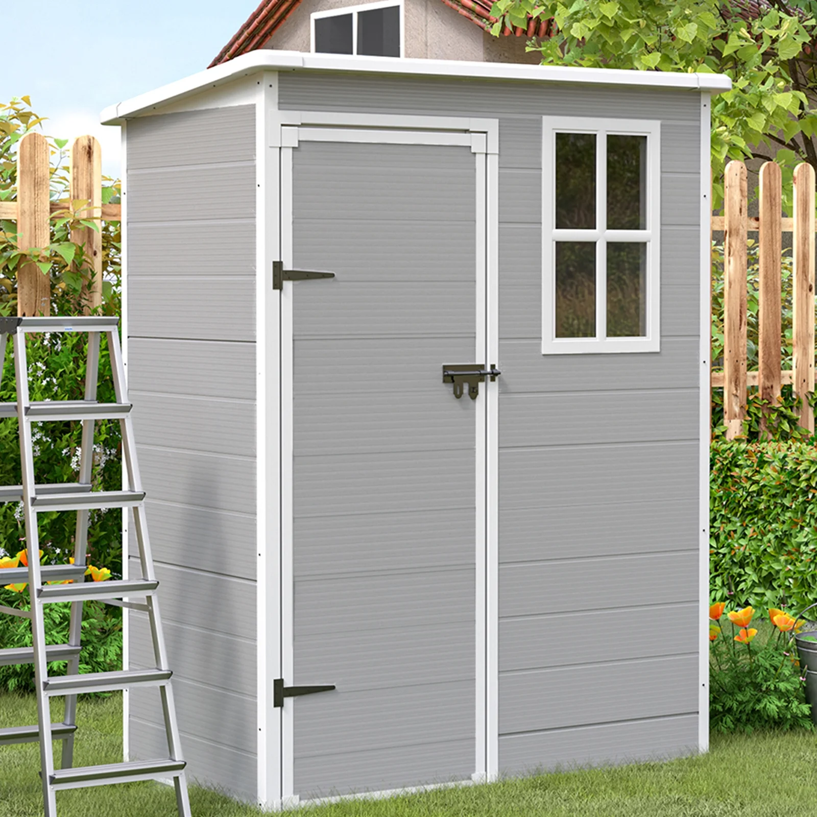 ELPOSUN Outdoor Storage Shed 5x3 FT, Resin Garden Shed for Bike, Garbage Can, Tool, Plastic Outside Sheds & Outdoor Storage Storage Box with Lockable Door for Backyard, Patio, Lawn, Grey & White