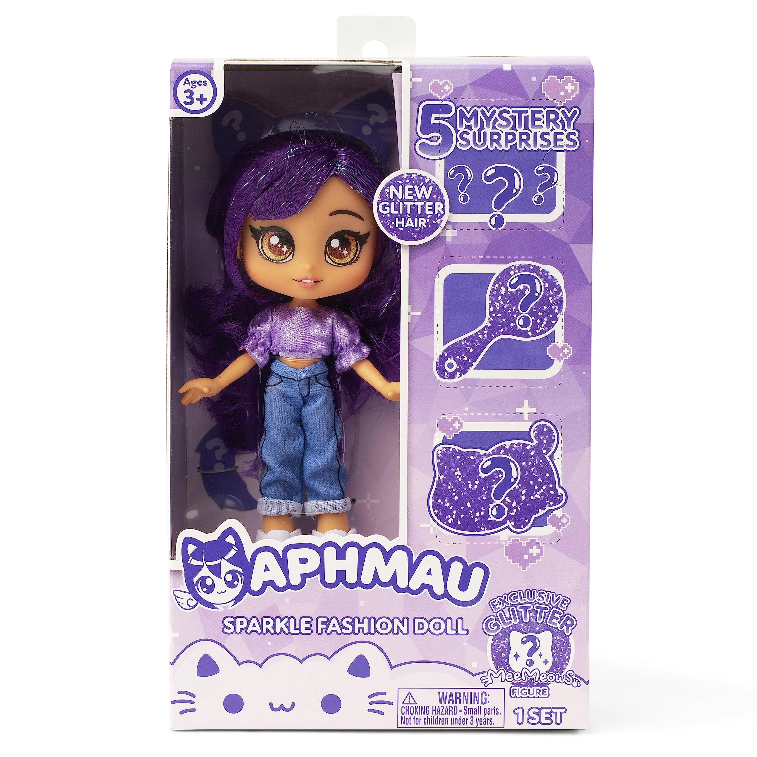 Aphmau Fashion Doll & Accessories Sparkle Edition, 5 Mystery Surprise Toys, Exclusive Glitter MeeMeows Mini Figure, Official Merch, 7 inch