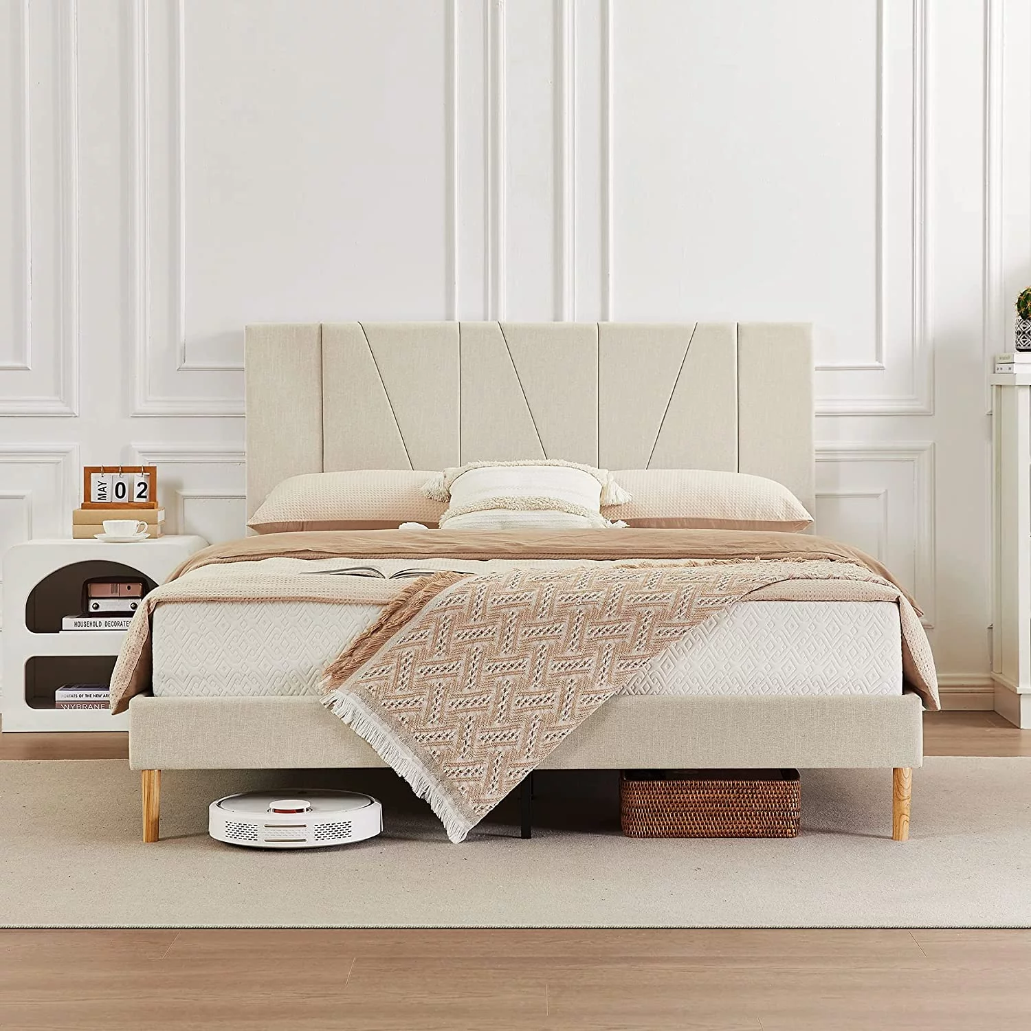 Flolinda King Size Bed Frame Upholstered Platform with Complete Headboard，Fabric Upholstered Platform Bed Frame, Beige