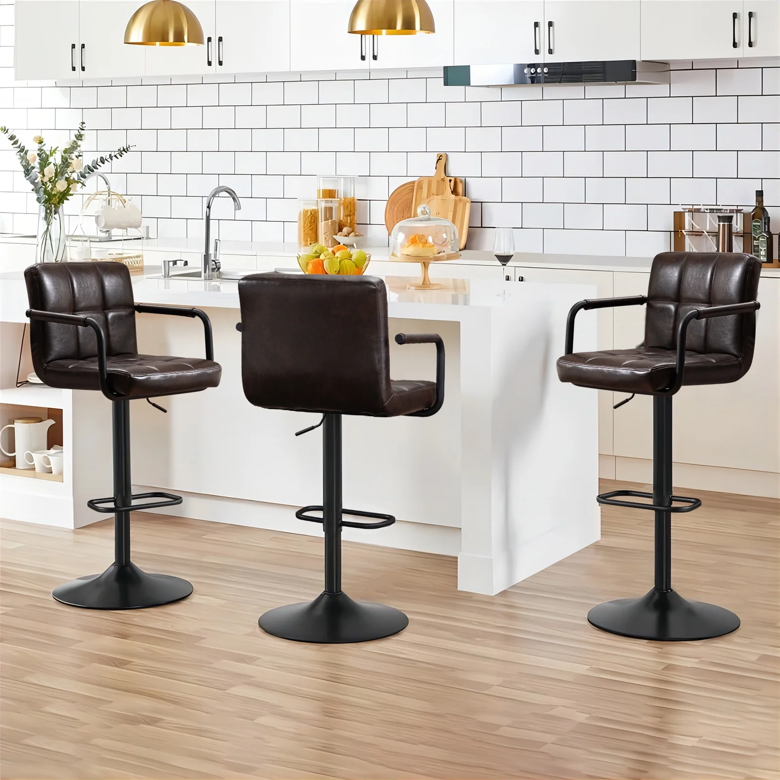 Faux Leather Bar Stools Set of 2 Swivel Bar Chairs Adjustable Height for Kitchen Counter Bar Café,Black Brown