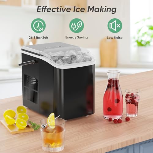 Sweetcrispy Countertop Ice Maker Machine Self-Cleaning, Fast Making 9 Ice Cubes in 6 Minutes, 26.5lbs/24Hrs, 2 Sizes Bullet Ice, Portable Ice Machine with Ice Scoop, Basket and Handle, Black