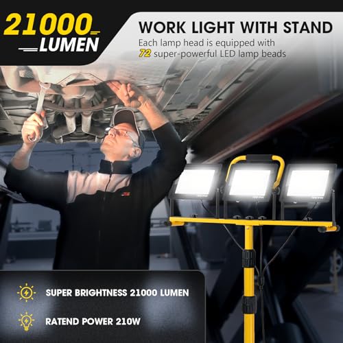 21000Lumen LED Work Lights with Stand - 3 Head Portable Work Light with 16FT Cord - IP66 Waterproof Tripod Worklights for Outdoor Indoor Job Site Workshop Garage Construction Site Lighting