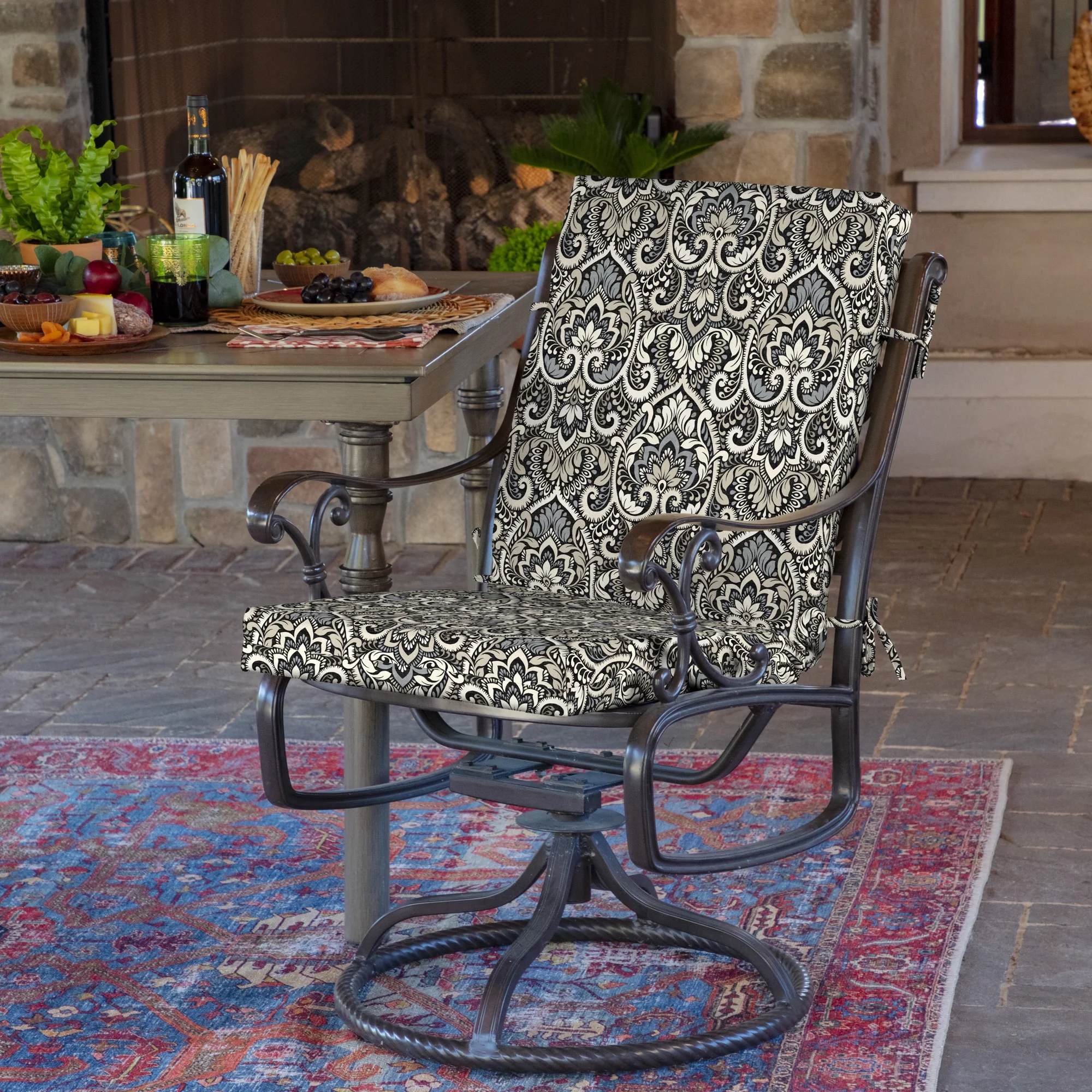 Arden Selections Outdoor Dining Chair Cushion 20 x 20, Black Aurora Damask