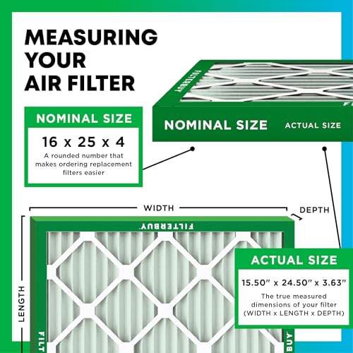 Filterbuy 16x25x4 Air Filter MERV 8 Dust Defense (2-Pack), Pleated HVAC AC Furnace Air Filters Replacement (Actual Size: 15.50 x 24.50 x 3.63 Inches)