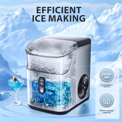 Nugget Countertop Ice Maker with Soft Chewable Pellet Ice, Pebble Portable Ice Machine, 34Lbs/24H, Self-Cleaning, Sonic Ice Maker, One Button Operation, for Kitchen,Office Stainless Steel Silver