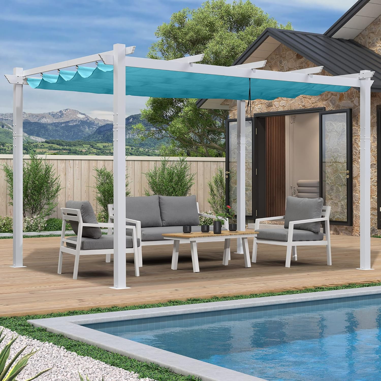 PURPLE LEAF 10' x 13' Outdoor Retractable Pergola Heavy-Duty Aluminum White Pergola with Sun Shade Canopy Patio Modern Shelter for Garden Porch Yard Deck Beach Grape Trellis, Turquoise Blue