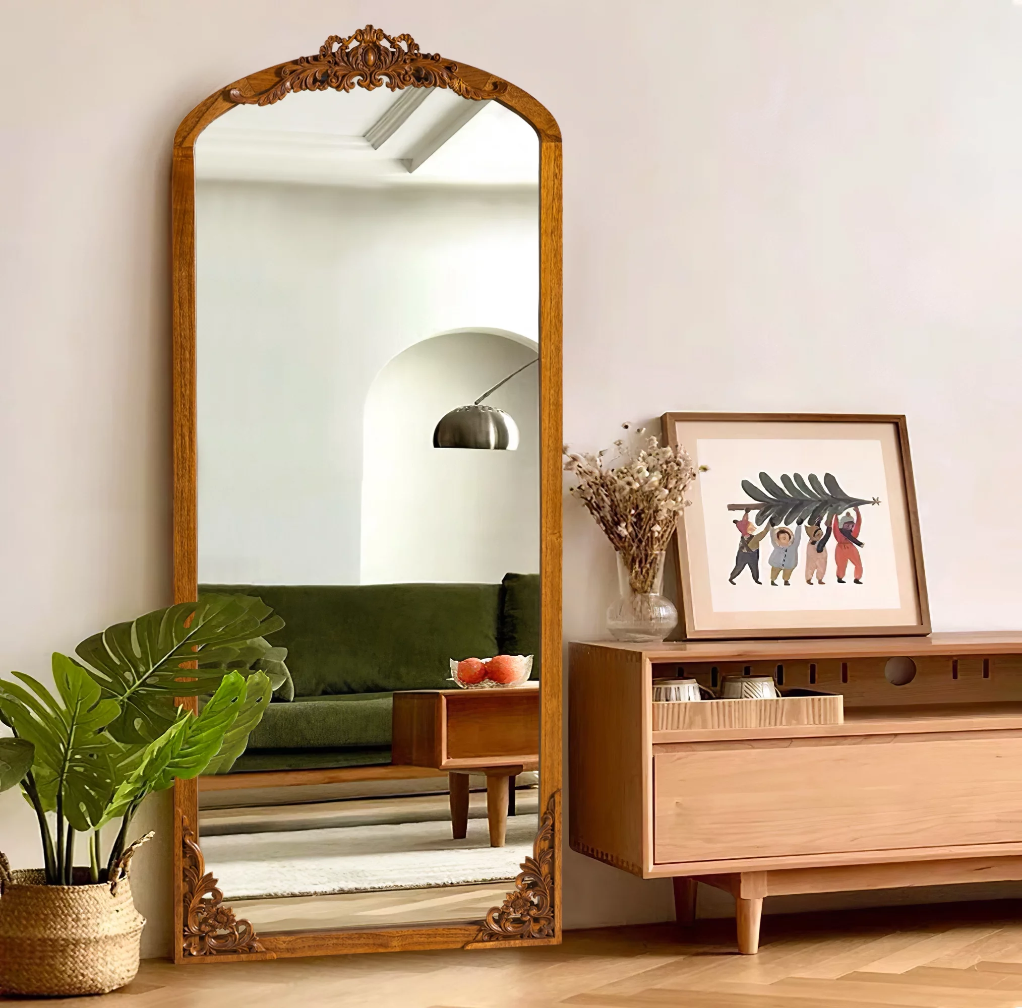 Neutypechic Wooden Arch Mirror Full Length Mirror Vintage Decorative Mirror for Living Room Bedroom 30