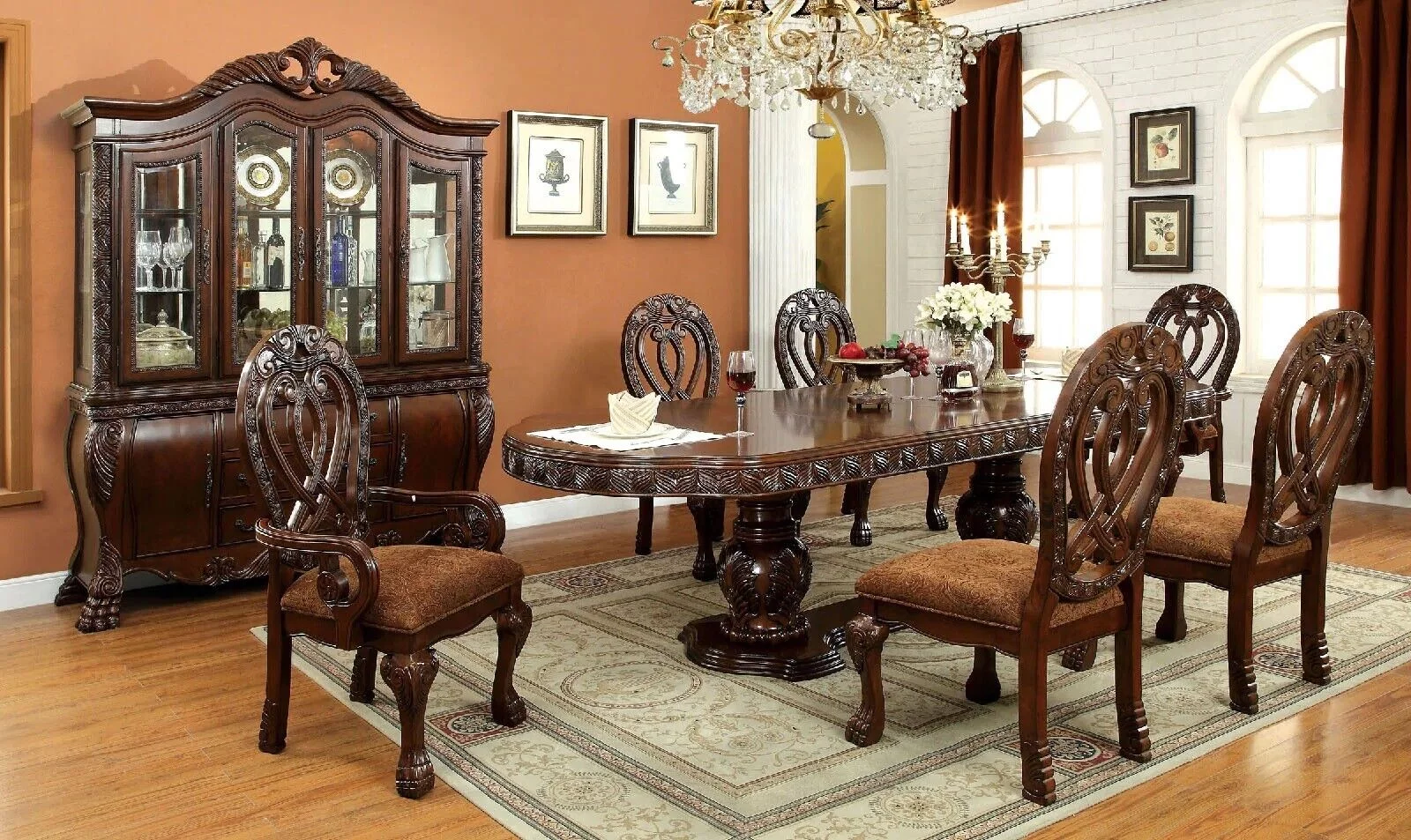 Royal Formal Cherry Solid wood 7pc Dining Set Dining Table w Leaf 2x Arm Chairs 4x Side Chairs Kitchen Breakfast Pedestal Base