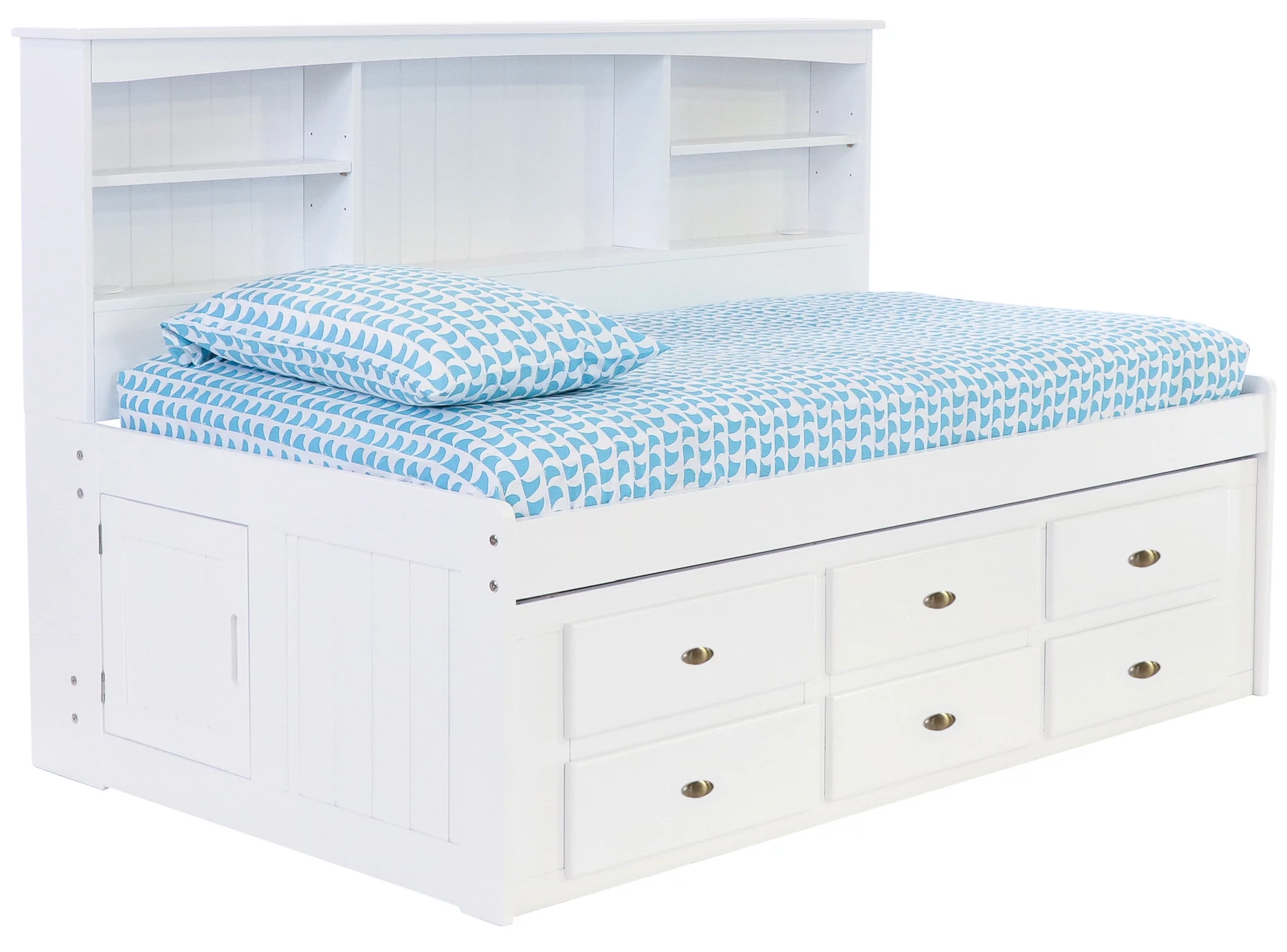 Discovery World Furniture - Twin Size Bed Frame with Side Headboard Bookcase Captain Day Bed with 6 Drawers, Twin Size Bed with Storage, White