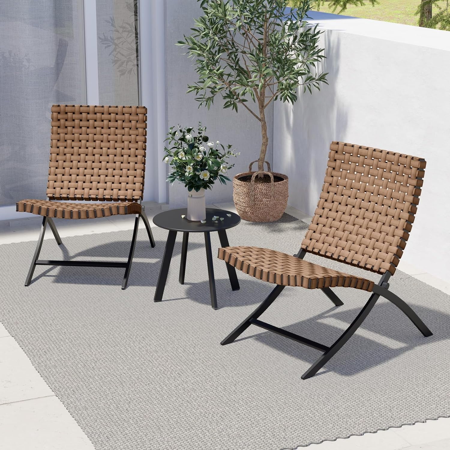 Grand Patio 3 Piece Folding Wicker Patio Set Faux Leather Balcony Furniture Table and Chairs for Patio Garden Deck, Natural Brown