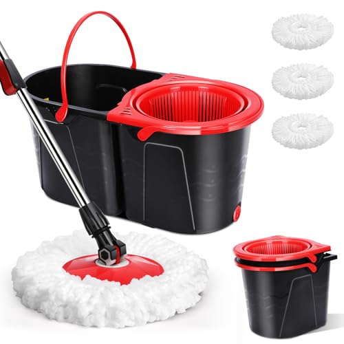 Spin Mop and Bucket with Wringer Set for Home,360° Mop and Bucket with Separate Clean and Dirty Water,Wet Dust Mop for Floor Cleaning with 3 Mop Heads