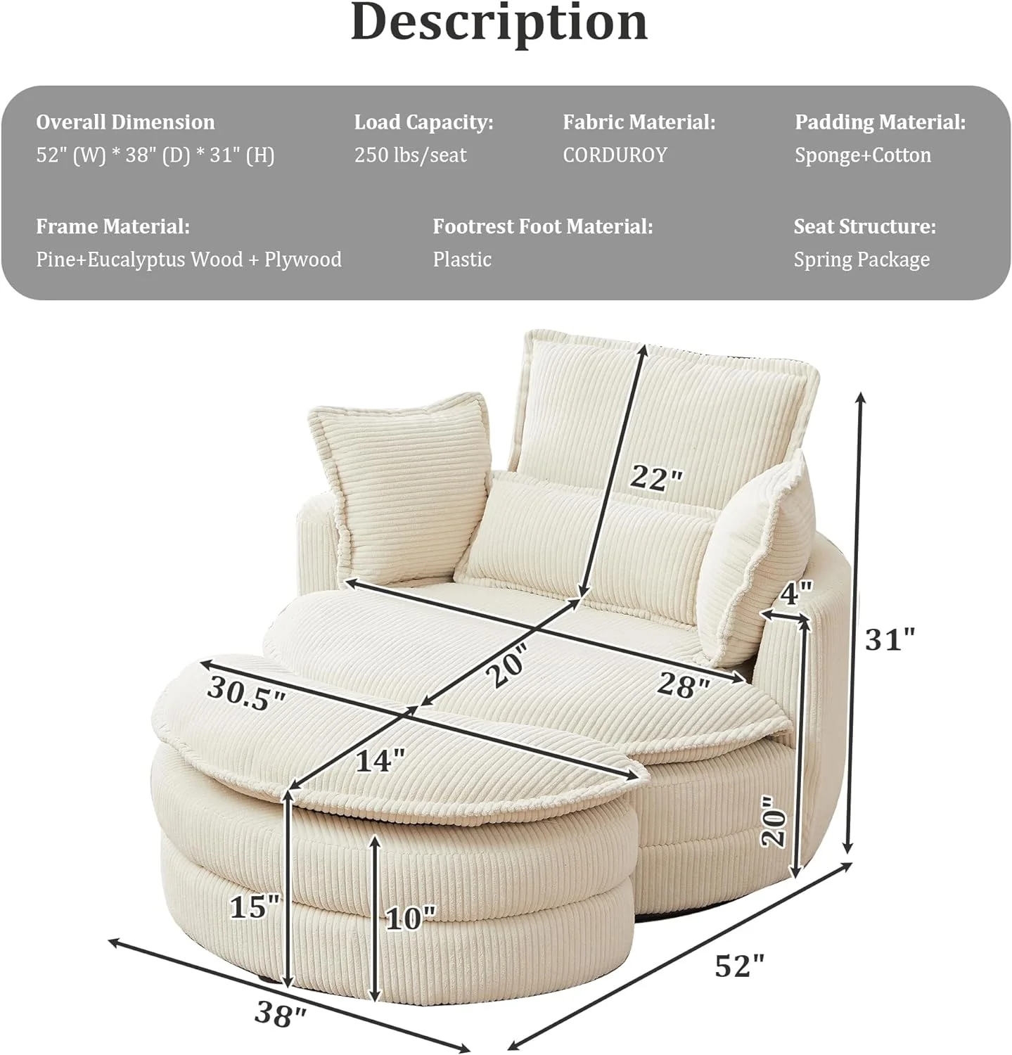 Tabaray Tufted Upholstered Swivel Accent Chair, Corduroy Fabric Single Barrel Chair with Ottoman, Comfy Cloud Chair for Living Room, Bed Room, Book Nook-Beige