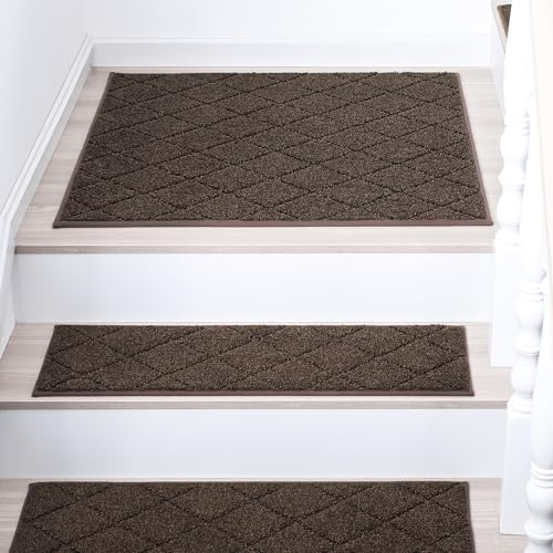 COSY HOMEER Edging Stair Treads Non-Slip Carpet Mat 28inX9in Indoor Stair Runners for Wooden Steps, Edging Stair Rugs for Kids and Dogs, 100% Polyester TPE Backing (15pc, Beige)
