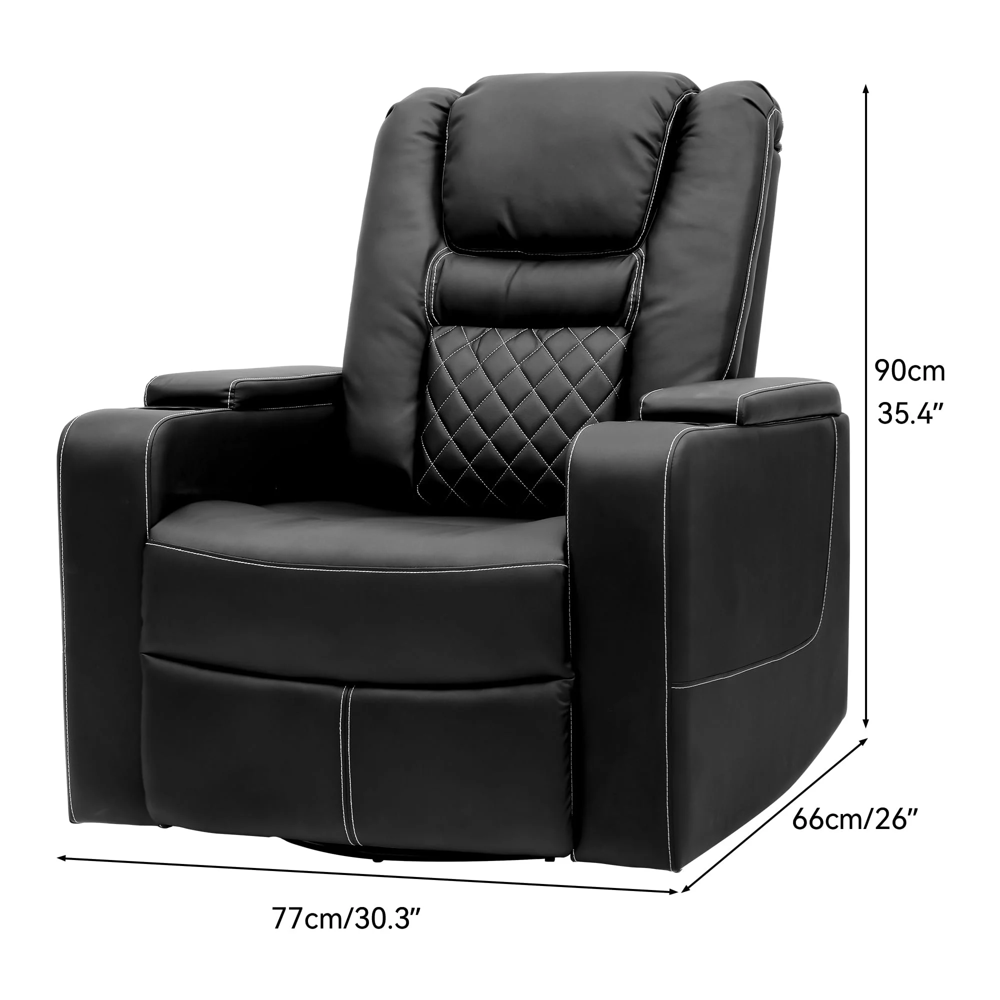 Dextrus Swivel Recliner with Flip Armrests, Manual Pull Loop, and Cup Holders, Soft Leather Recliner Glider for Home Theater - Black