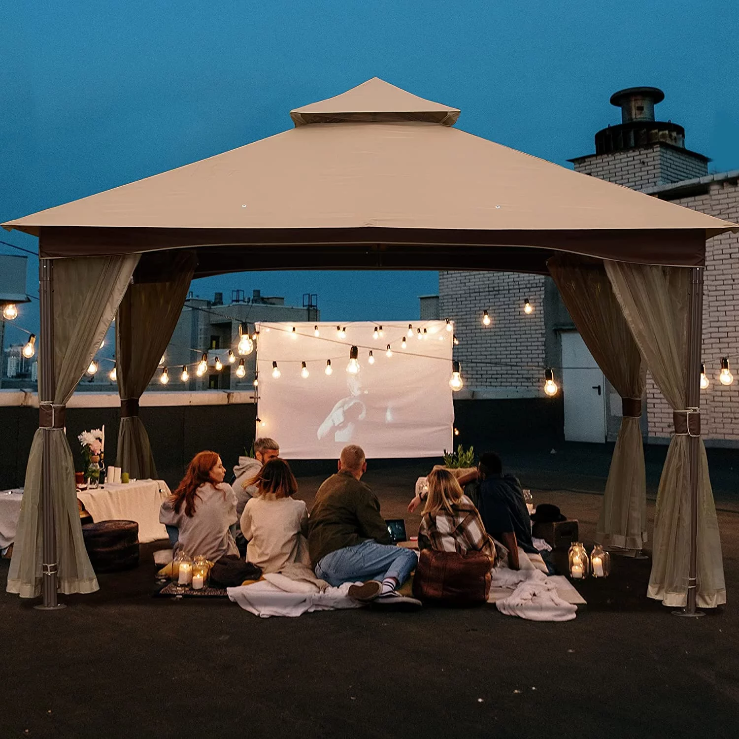 Domi Outdoor Living 10'x13'Patio Gazebo Outdoor Ventilation Double Roof Gazebo with Mosquito Netting for Patio,Lawn and Garden, Brown