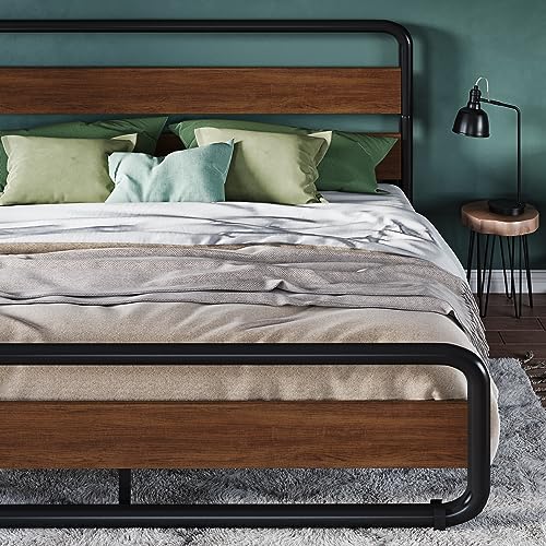 Allewie Full Size Metal Bed Frame with Curved Wood Headboard and Footboard, Heavy Duty Platform Iron Bed with Under-Bed Storage, Noise Free, No Box Spring Needed, Easy Assembly, Black