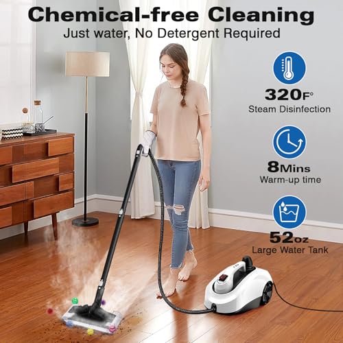 TVD Steam Cleaner, Heavy Duty Canister Steamer with 26 Accessories, Steam Mop with 5M Extra-Long Power Cord for Home Floor Cleaning Machine, Grout, Upholstery, Car Detailing,pads