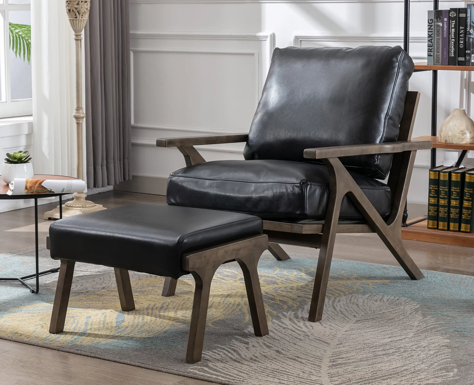 Guyou Mid Century Accent Chair and Ottoman Set, Upholstered Faux Leather Armchair Comfy Single Sofa Lounge Chair with Wooden Frame for Fireplace Bedroom Living Room Study, Black