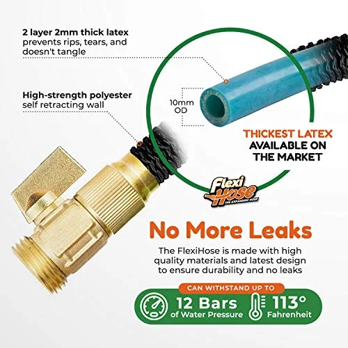 Flexi Hose 100 FT Lightweight Expandable Garden Hose | Ultimate No-Kink Flexibility - Extra Strength with 3/4 Inch Solid Brass Fittings & Double Latex Core | Rot, Crack, Leak Resistant