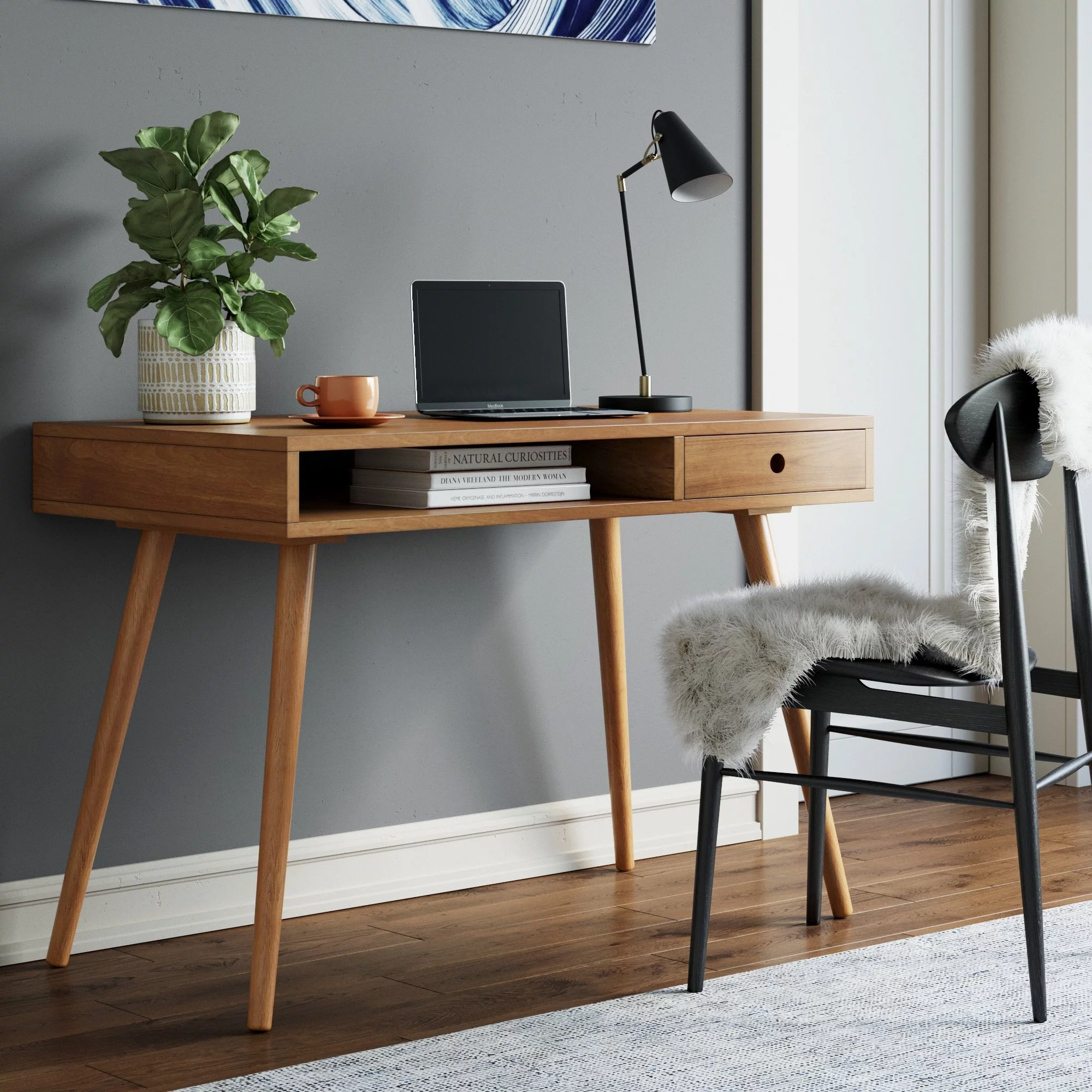 Nathan James Parker Modern Home Office Desk in Walnut Wood with Open Storage Cubby and Small Drawer, Walnut