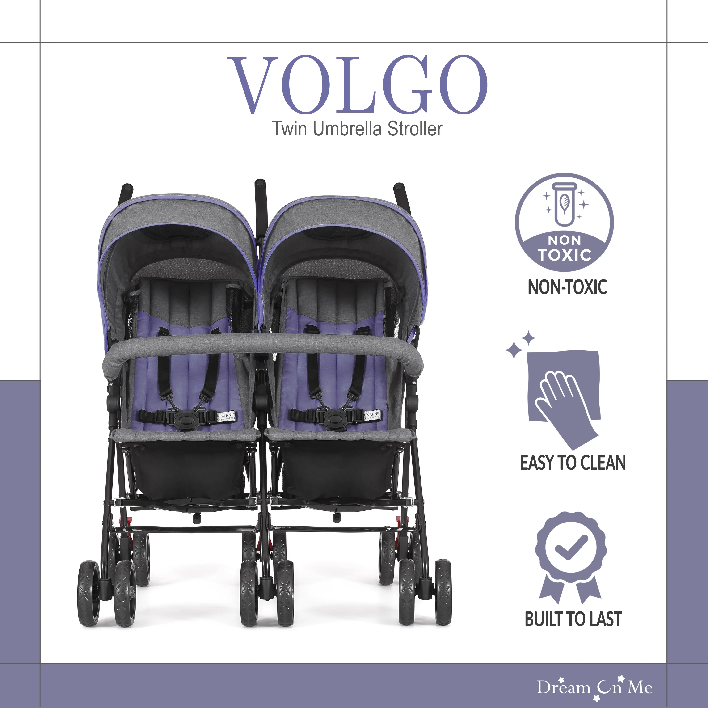 Dream On Me Volgo Twin Umbrella Stroller, Purple and Dark Grey