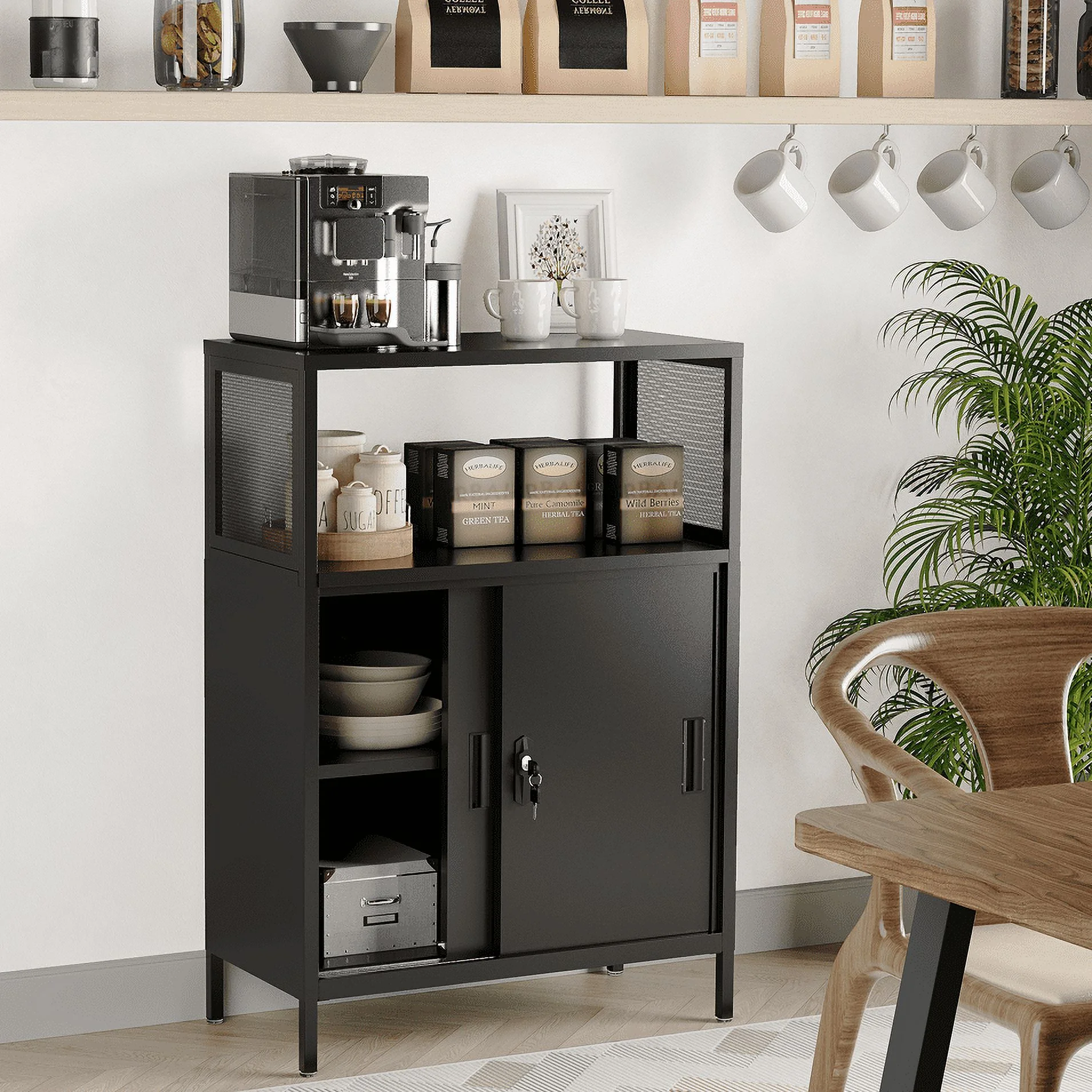 hiwalen Metal Storage Cabinet With Sliding Doors And Adjustable Shelf,Coffee Bar Buffet Cabinet With Storage,Accent Cabinet For Home Office, Hallway, Living Room,Black