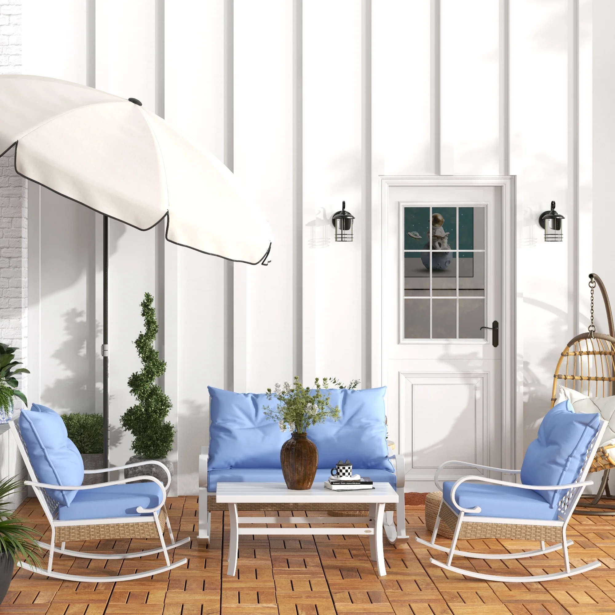 Outsunny 4pc Patio Furniture Set with Loveseat Sofa, Rocking Chairs, Blue