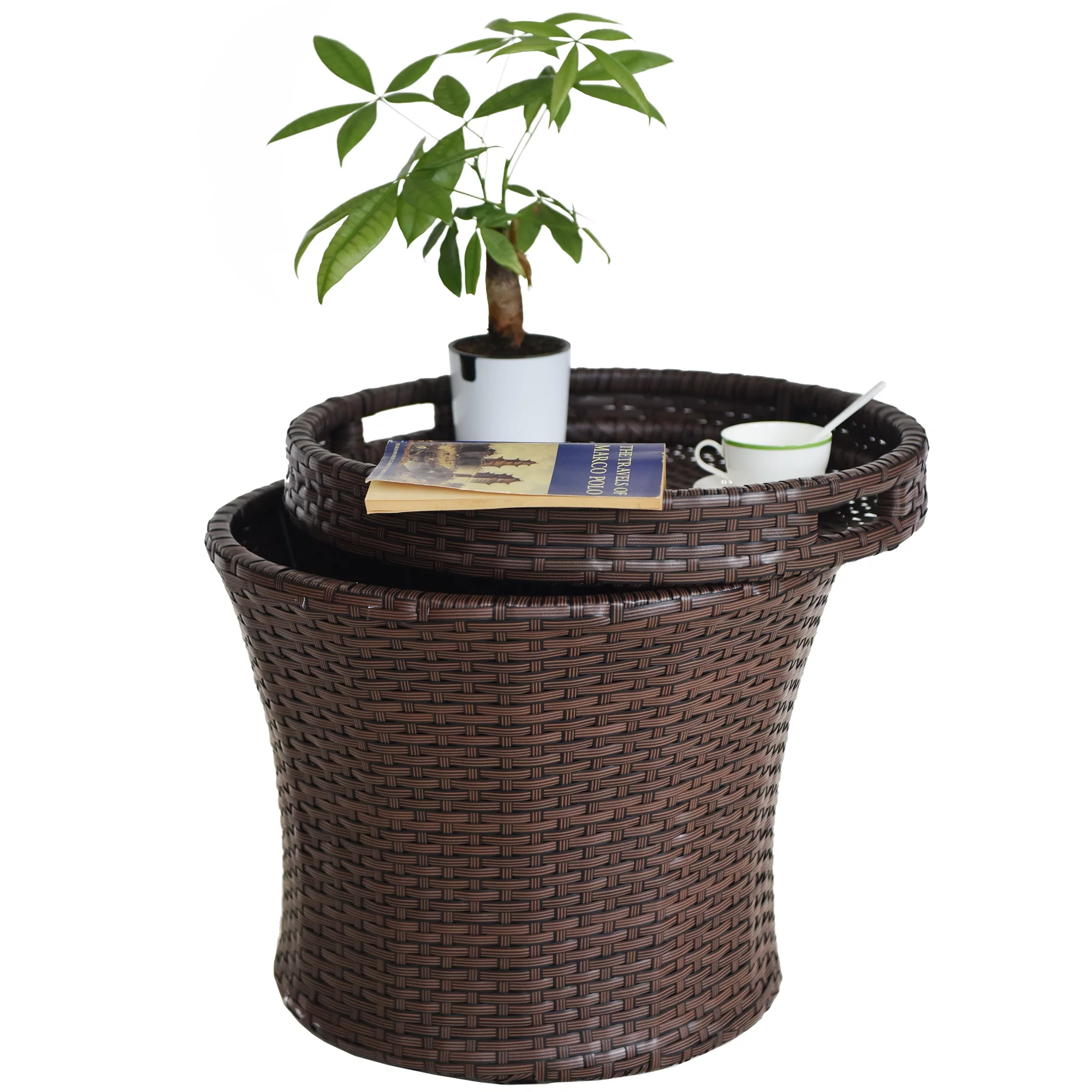 Prime Garden Small Patio Wicker Rattan Side Table with Storage 20 inch ,Brown