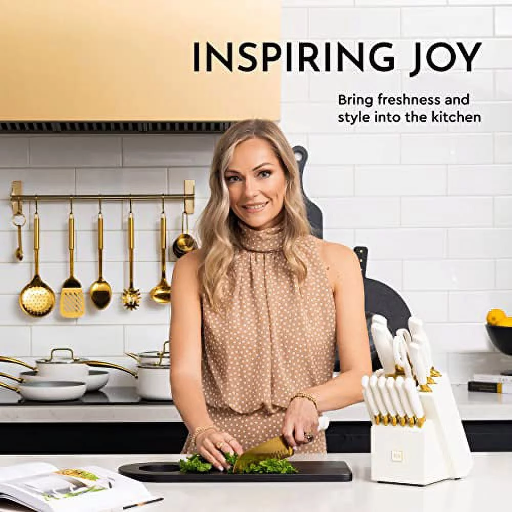 White and Gold Knife Set with Block Self Sharpening - 14 PC Titanium Coated Gold and White Kitchen Knife Set and White Knife Block with Sharpener, White and Gold Kitchen Accessories and Decor