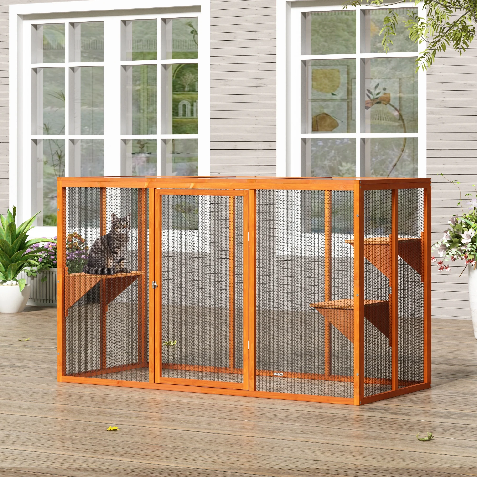 COZIWOW Outdoor Cat House, Wood Cat Catio with Platforms, Lockable Enter Door, Sunshine Panel, Cat Patio Cage Enclosure for Backyard Garden, Orange