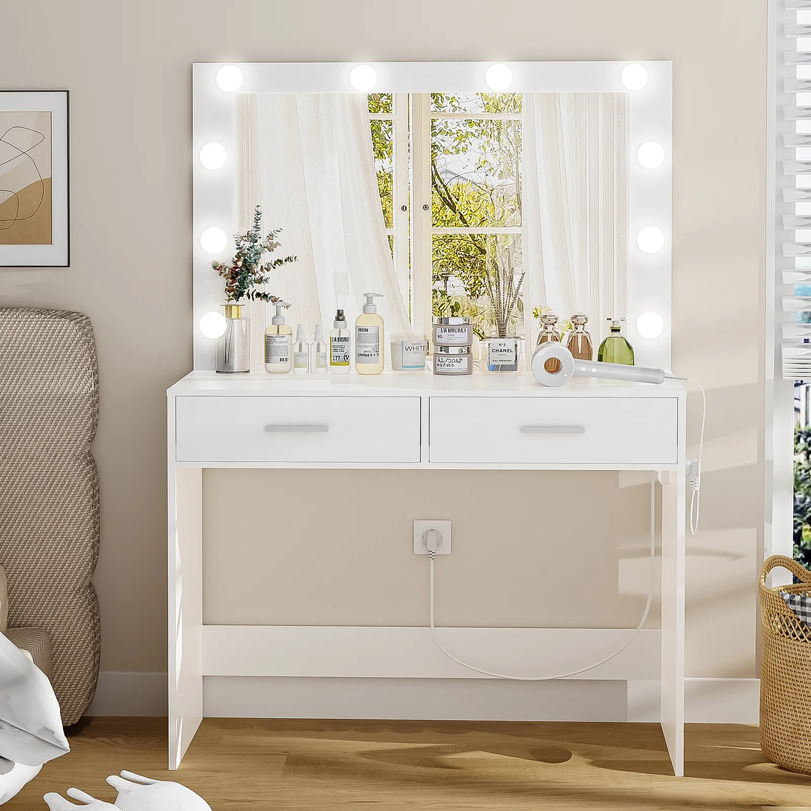 Usikey Makeup Vanity Desk with Lighted Mirror & Charging Station and 2 Drawers for Bedroom, White