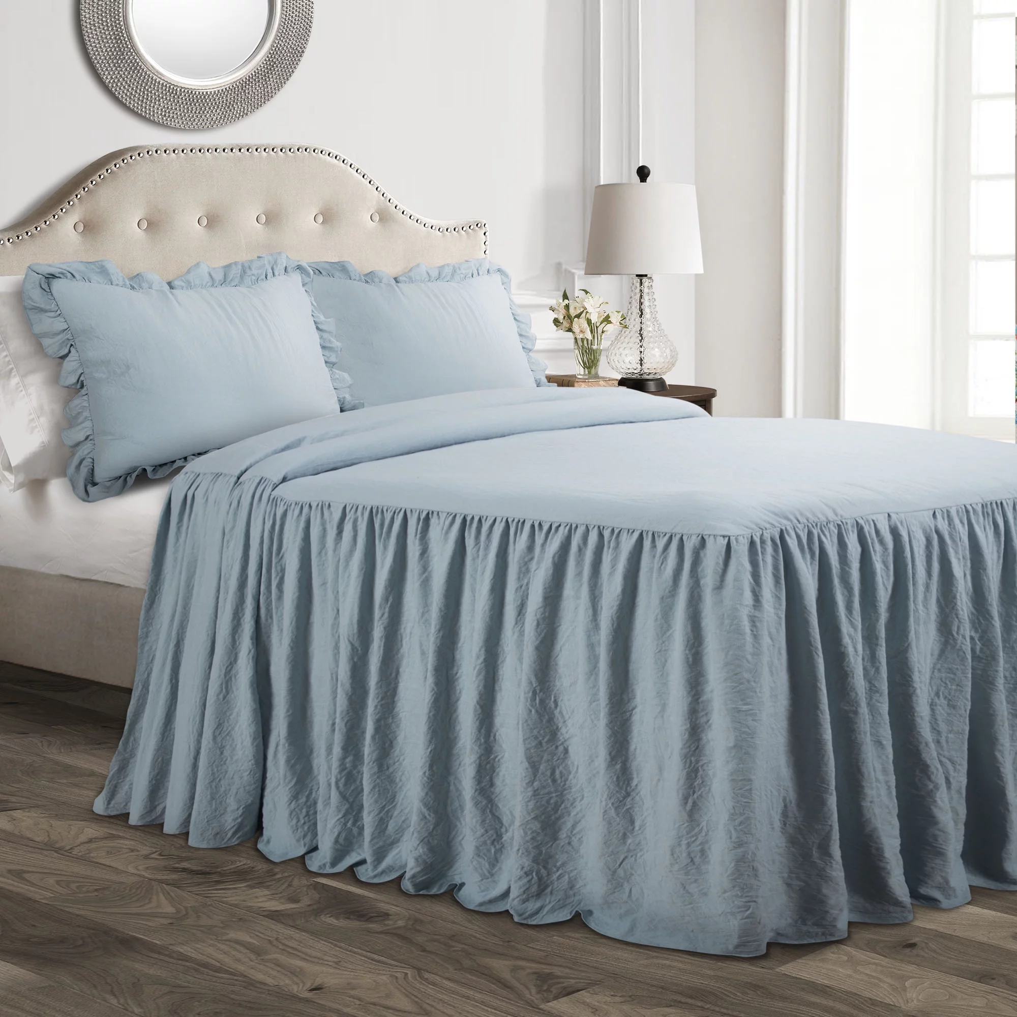 Lush Decor Ruffle Skirt Bedspread, King, Lake Blue, 3-Pc Set
