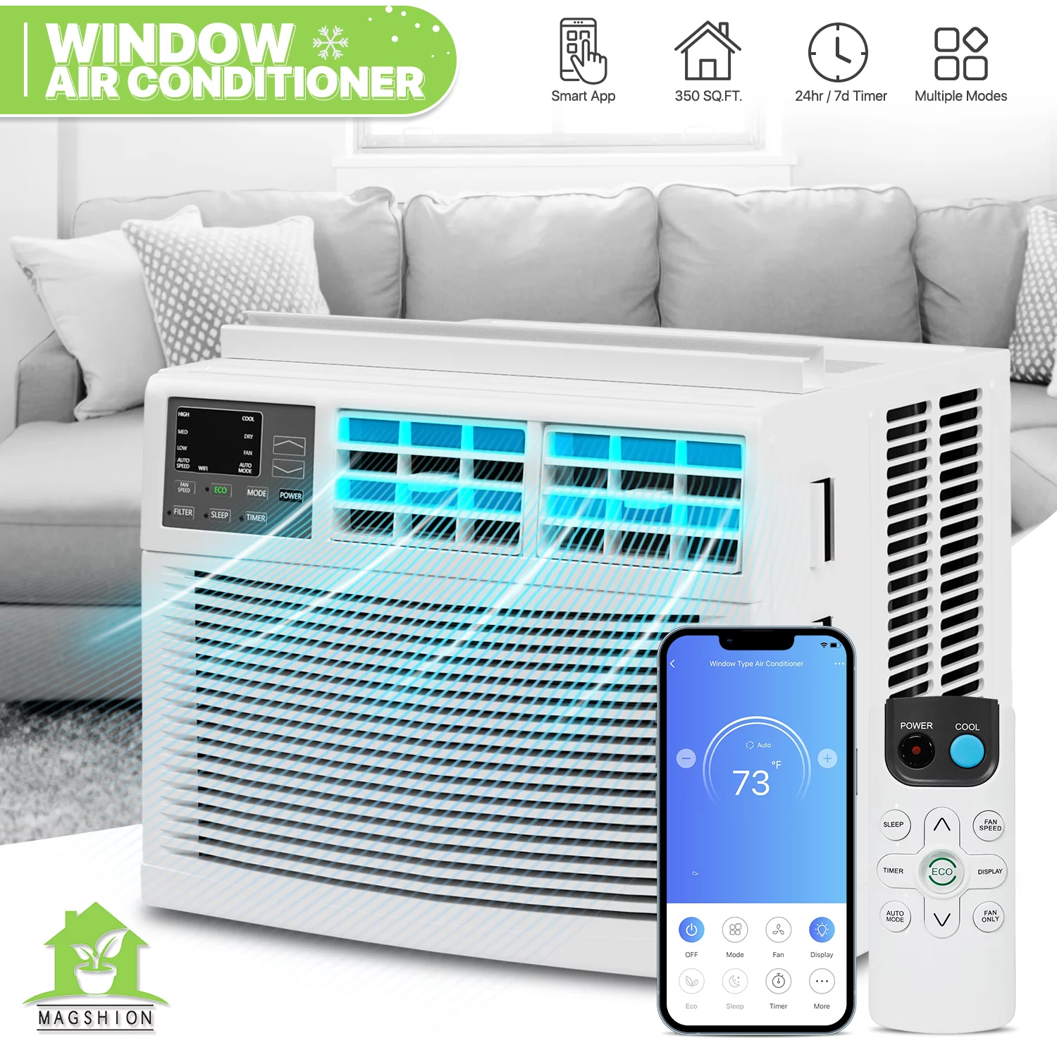 Magshion 8,000 BTU Smart WIFI Window Air Conditioner, Energy Saving AC Unit with Remote & App Control & Timer Function, Cools Up to 350 Square Feet, 115V/60Hz, White
