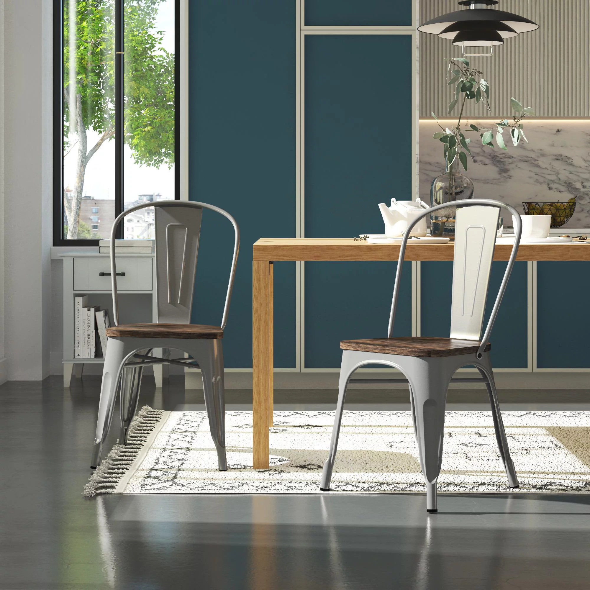 BHG Aidan Stackable Metal Dining Chair with Wood Seat, Silver, Set of 2