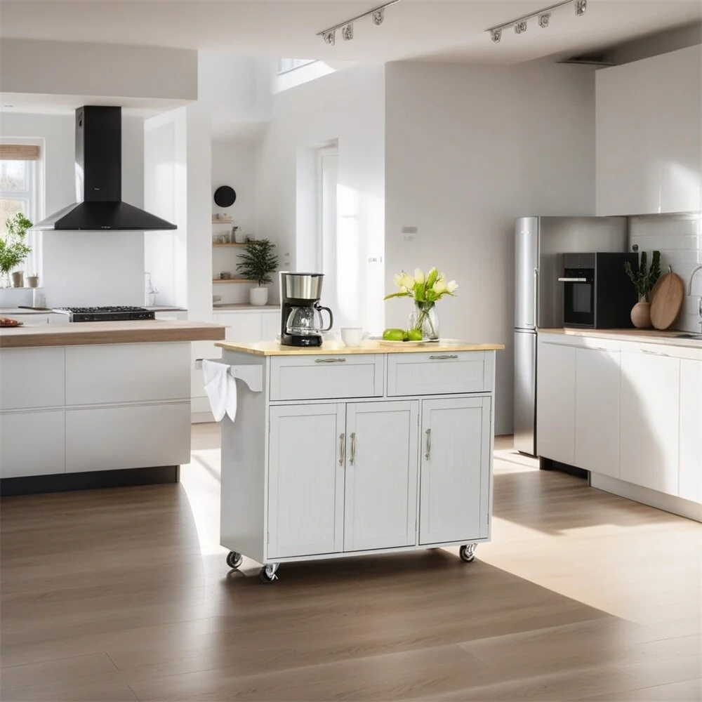 DEELIGHT Mobile Wood Kitchen Island with Storage and Adjustable Shelves - N/A Grey