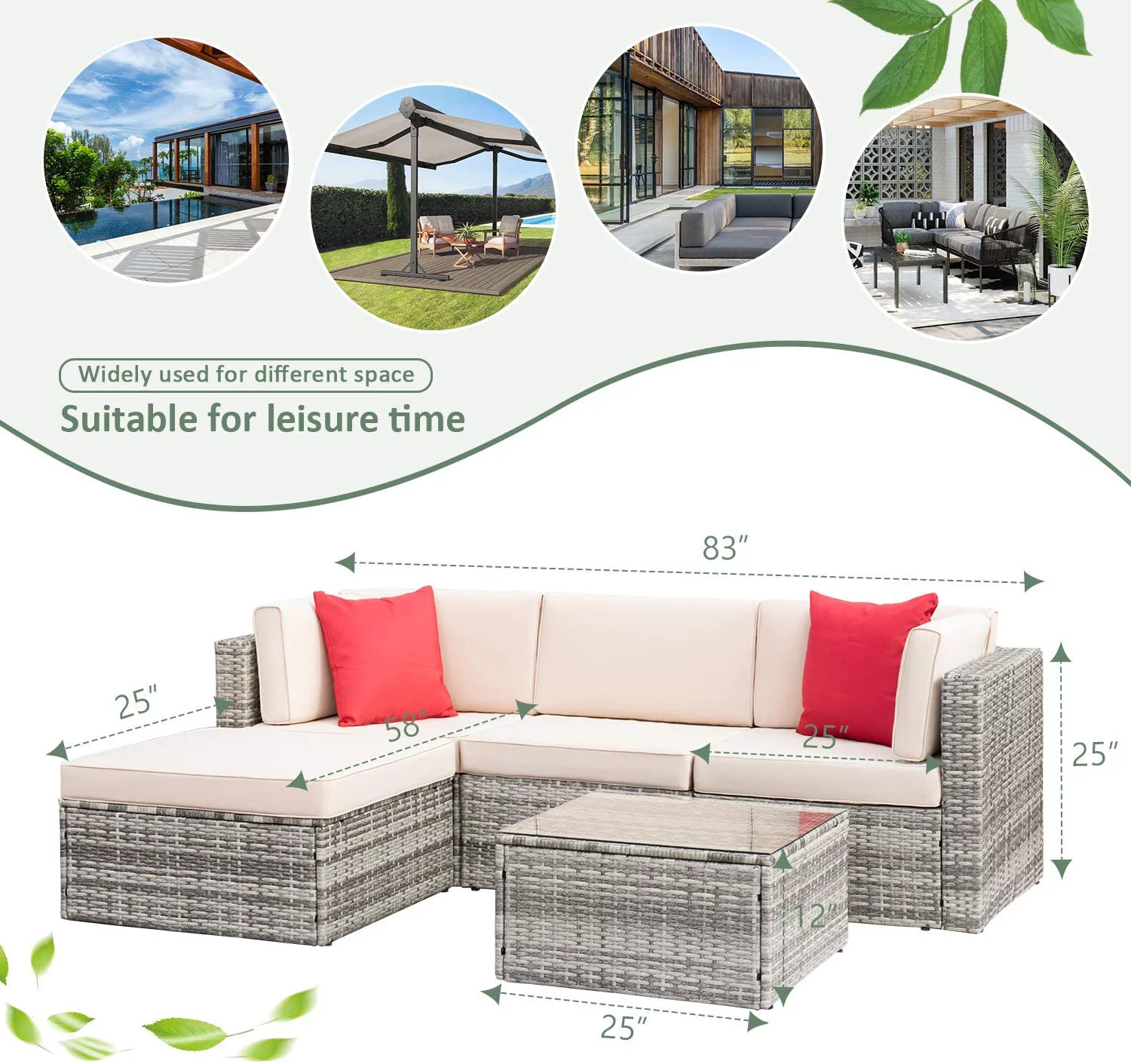 Lacoo 5 Pieces Patio Sectional Sofa Sets All-Weather PE Rattan Conversation Sets With Glass Table Gray, 4