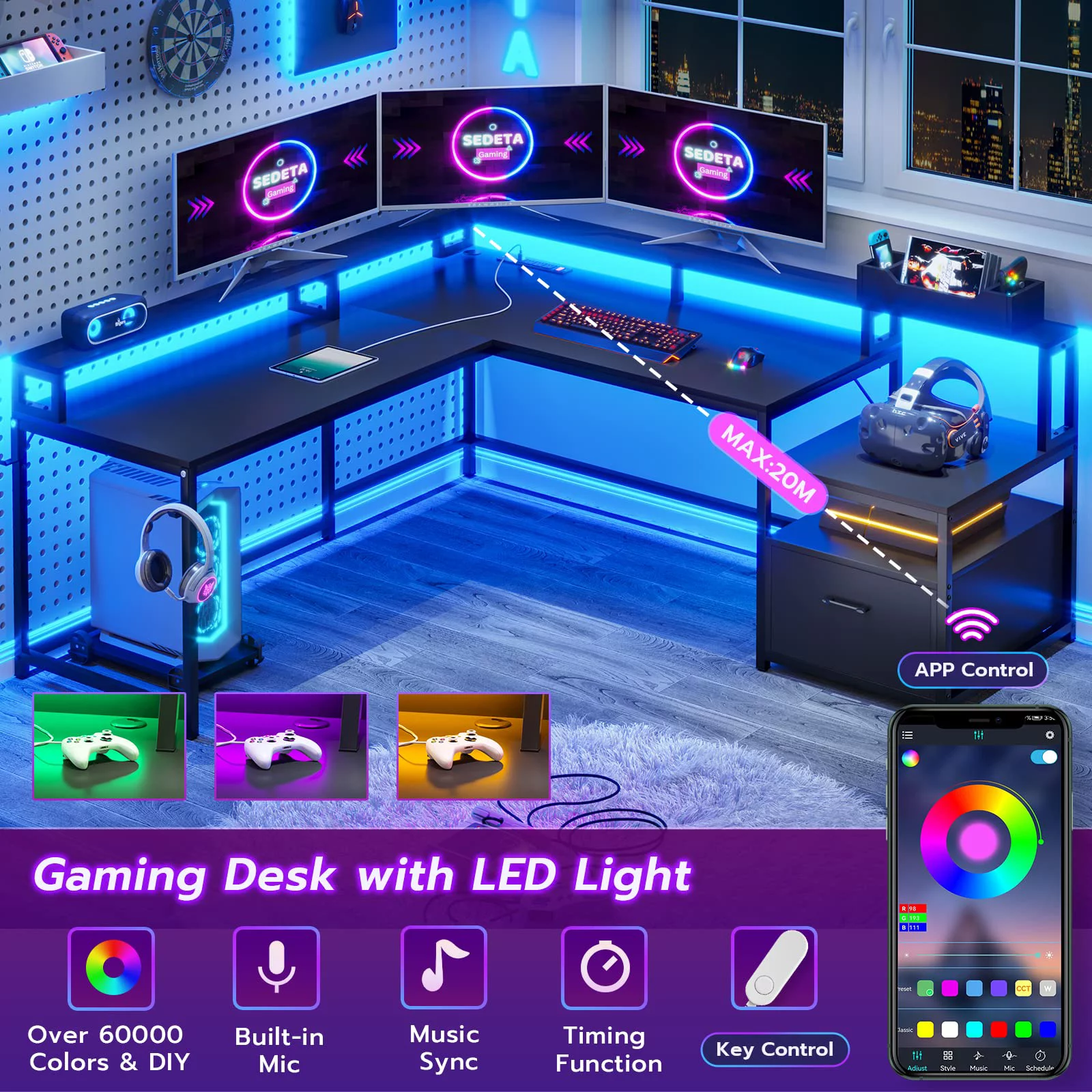 L Shaped Desk with Led Lights and File Drawer, 66