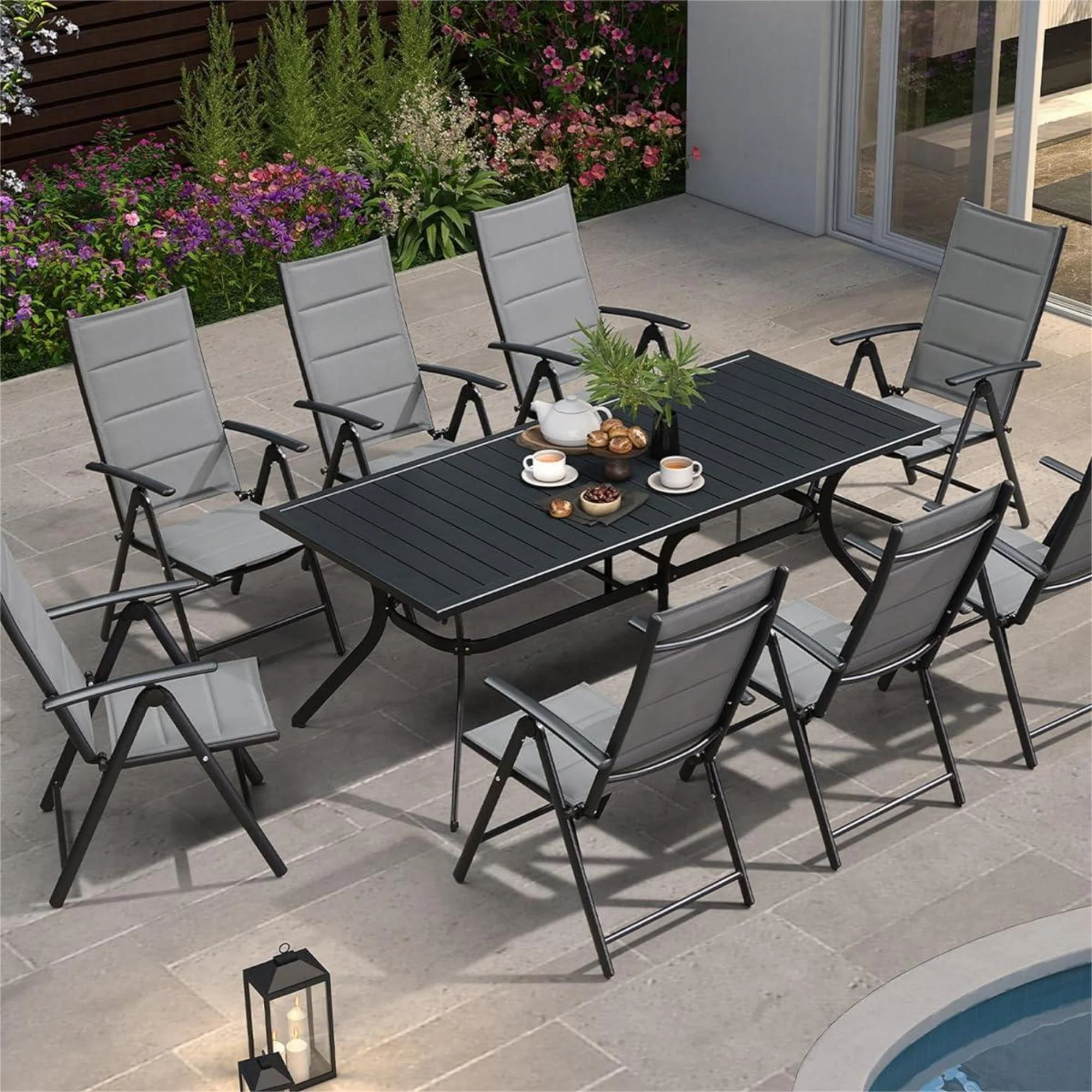 PURPLE LEAF 9 Pieces Outdoor Patio Dining Set with 8 Folding Portable Chairs and 1 Rectangle Aluminum Table, Adjustable High Back Reclining Chairs with Soft Cotton-Padded Seat, Grey