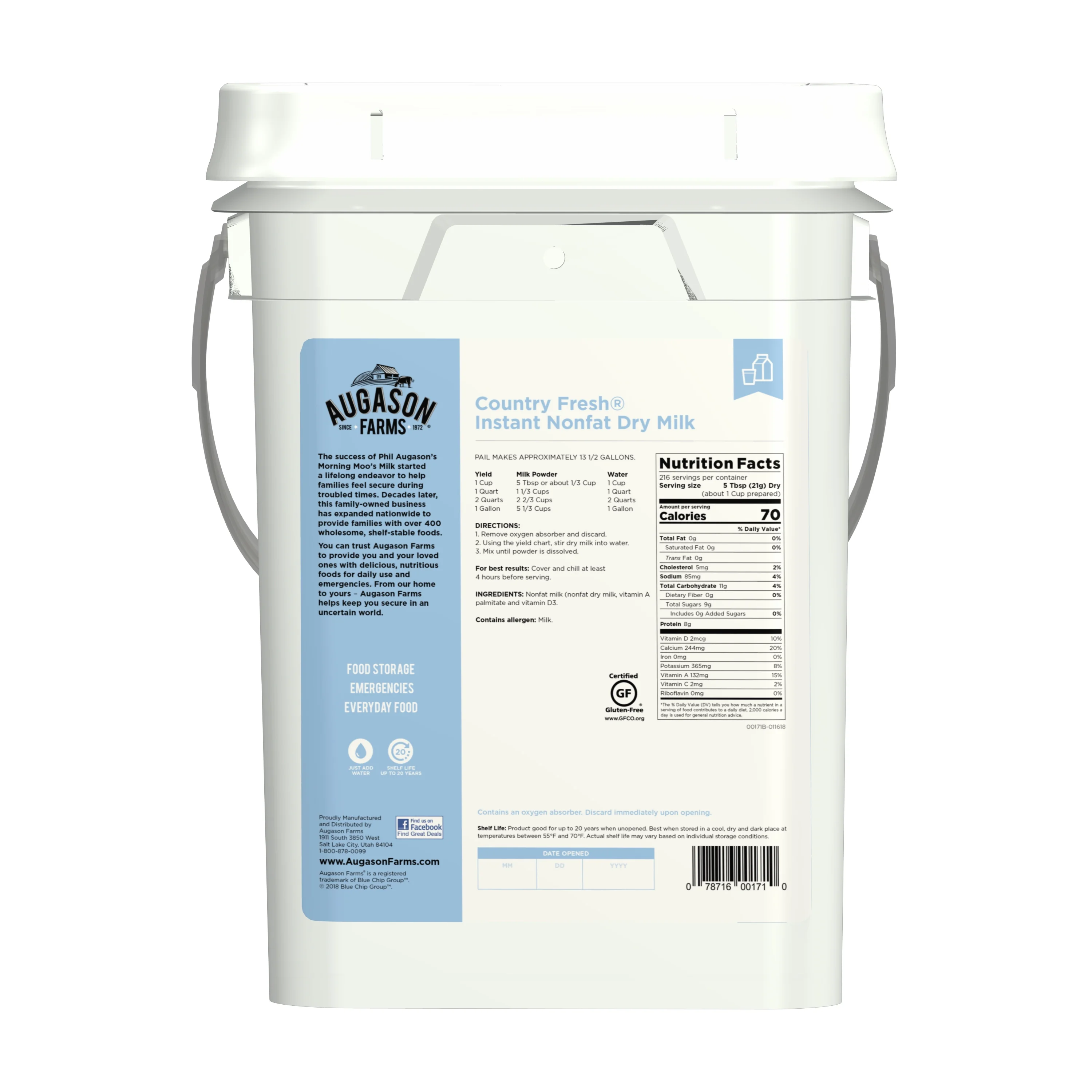 Augason Farms Country Fresh®100% Real Nonfat Milk Certified Gluten Free Emergency Bulk Food Storage 4-Gallon Pail 216 Servings