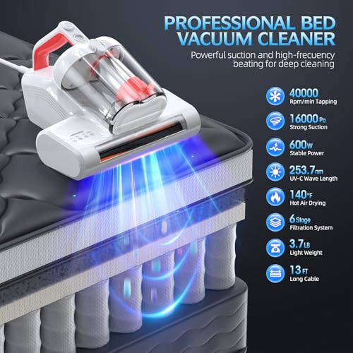 Mattress Vacuum Cleaner, 16Kpa 600W Bed Vacuum Cleaner with 253.7nm UV-C Light & HEPA Filter & Heating Tech & 40000 RPM/Min Brushroll Rotation, Widened Suction Port, Corded