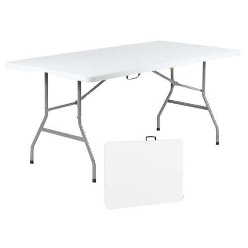 Folding Table 6ft | Heavy Duty Plastic Event Table with Carrying Handle | No Assembly Required | Portable with Side Lock | Powder-Coated Steel Legs, White, Plastic