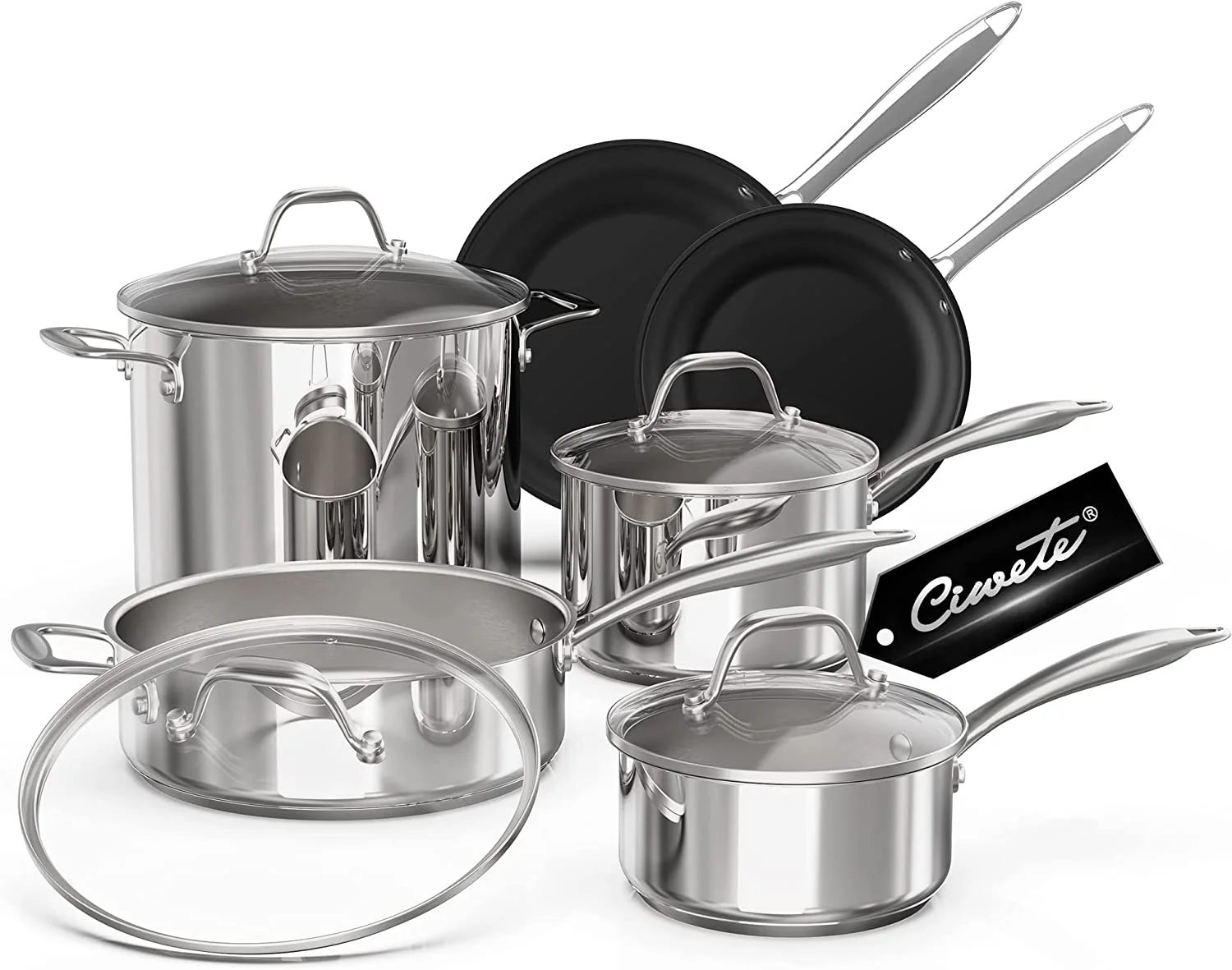 Ciwete Stainless Steel Pots and Pans Set 10 Piece  Kitchen Cookware Set with Nonstick Frying Pans and Glass Lids  Induction Cookware Set   Including 2 Saucepans  Sauté pan  2 Frying Pans